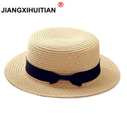 2019 simple Summer Parent-child Beach Hat Female Casual Panama Hat Lady Brand Women Flat brim Bowknot Straw cap girls Sun Hat