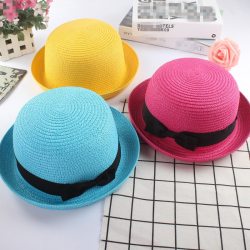 Fashion parent-child Cute Bow tie sun hats Girl hand made straw wave wide brim sun hats casual shade hat summer woman beach hat