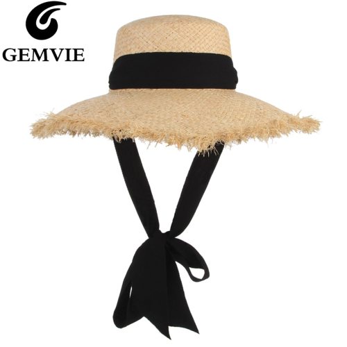 GEMVIE Handmade Weave Raffia Straw Hat For Women Wide Brim Floppy Sun Hat Summer Hats Lady Beach Cap With Chin Strap Fashionable