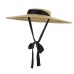 GEMVIE New Large Brim Straw Hat Summer Hats For Women 12cm-15cm Brim Black Ribbon Beach Cap Boater Flat Top Sun Hat Chin Strap