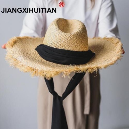 Handmade Weave 100%Raffia Sun Hats For Women Black Ribbon Lace Up Large Brim Straw Hat Outdoor Beach Summer Caps Chapeu Feminino