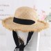 JIYOUOU Lace strap straw hat bow wide grass female summer cap beach visor outdoor holiday beach sun protection hat Collapsible