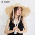 JIYOUOU Lace strap straw hat bow wide grass female summer cap beach visor outdoor holiday beach sun protection hat Collapsible