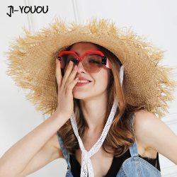 JIYOUOU Lace strap straw hat bow wide grass female summer cap beach visor outdoor holiday beach sun protection hat Collapsible