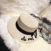 Lady embroidery sun caps boater hat Women's bow Summer Ribbon Round Bow Flat Top Wide Brim Straw Hat Women Fedora Panama Hat