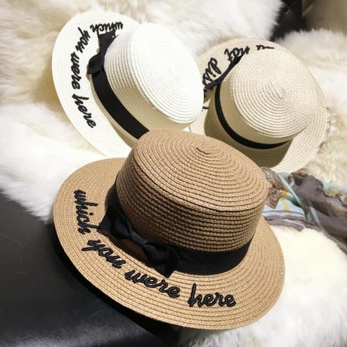 Lady embroidery sun caps boater hat Women's bow Summer Ribbon Round Bow Flat Top Wide Brim Straw Hat Women Fedora Panama Hat