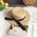 Luna&Dolphin Women Summer Beach Raffia Black White Ribbon Hat Bow Raffia Hat Temperament Flat Straw Hats Women's Sea Beach Hat