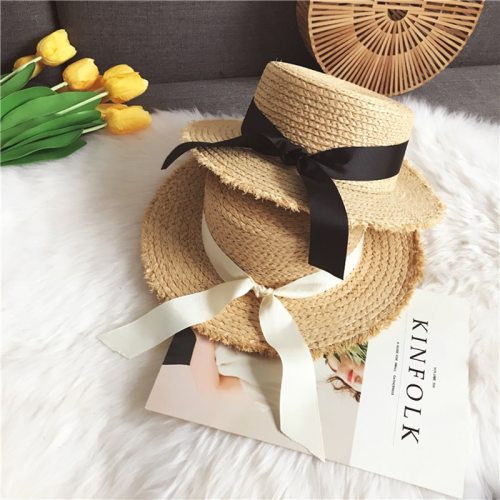 Luna&Dolphin Women Summer Beach Raffia Black White Ribbon Hat Bow Raffia Hat Temperament Flat Straw Hats Women's Sea Beach Hat