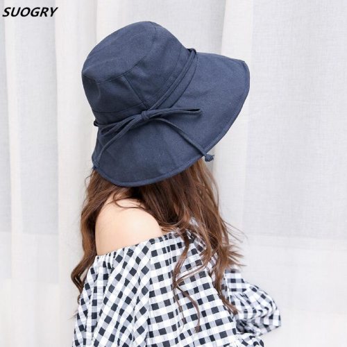 New Fashion Women Floppy Cotton Sun Hat With Bow Wide Large Brim Cap Summer Beach Foldable Neck Anti-Ultraviolet Hats