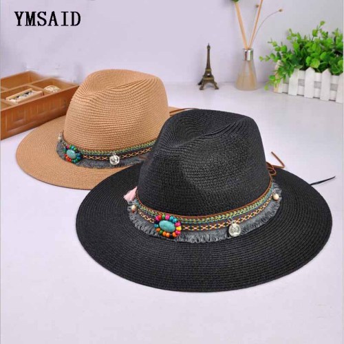 New Spring Summer Bohemia Style Women's Jazz Caps hats with Wide Birm Women Straw Vintage Hat Floppy Sun Beach Church Cap Gorros