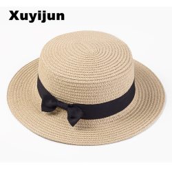 Xuyijun Lady Boater sun caps Ribbon Round Flat Top Straw beach hat Panama Hat summer hats for women straw hat snapback gorras