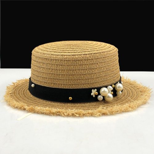 lovely Flat top straw hat Summer Spring women's trip caps leisure pearl beach sun hats black breathable fashion flower girl hat