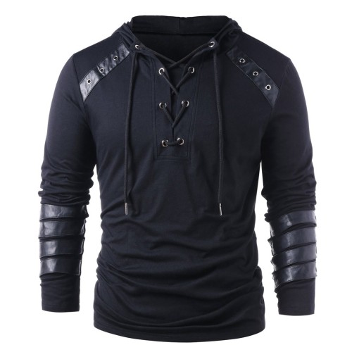 2018 Spring Men Hoodies Drawstring Leather Patchwork Hooded Sweatshirt Long Sleeve Male Casual Pullover Tops Blouses