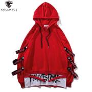 Aolamegs Hoodies Men Fake 2 Pieces Ribbons Hooded High Street Pullover Sweatshirt Men Fashion Hip Hop Streetwear Hoodie Autumn