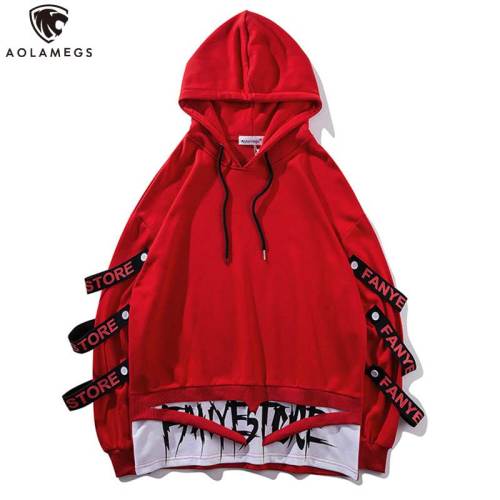 Aolamegs Hoodies Men Fake 2 Pieces Ribbons Hooded High Street Pullover Sweatshirt Men Fashion Hip Hop Streetwear Hoodie Autumn