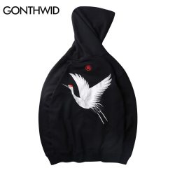 GONTHWID Embroidery Japanese Crane Hoodies Men/Women 2019 Hip Hop Casual Streetwear Hooded Sweatshirts Harajuku Male Hoodie