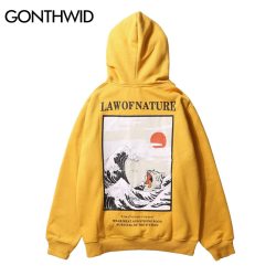 GONTHWID Japanese Embroidery Funny Cat Wave Printed Fleece Hoodies 2019 Winter Japan Style Hip Hop Casual Sweatshirts Streetwear