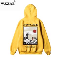 WZZAE Japanese Embroidery Funny Cat Wave Printed Fleece Hoodies 2018 Winter Japan Style Hip Hop Casual Sweatshirts Streetwear