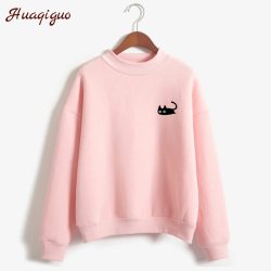 2019 Autumn Casual Harajuku Kawaii Black Cat Sweatshirts Women Long Sleeve Turtleneck Tops Pullover Funny Cartoon Print Hoodies