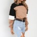 2019 Autumn Hot Women Hoodies Long Sleeve Loose Crop Top Sweatshirt Casual Patchwork O Neck Elastic Waist Pullovers Streetwear