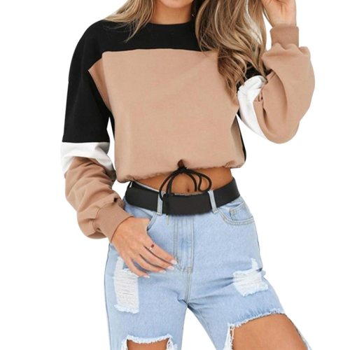 2019 Autumn Hot Women Hoodies Long Sleeve Loose Crop Top Sweatshirt Casual Patchwork O Neck Elastic Waist Pullovers Streetwear