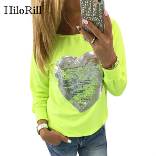 2019 Autumn Women Sequined Heart Pullovers O-neck Long Sleeve Sweatshirts Lady Tracksuits Casual Tops Jumper Sudaderas Mujer