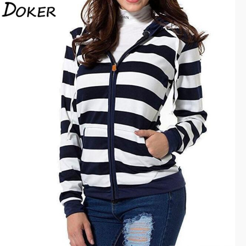 2019 Autumn Women Striped Hoodies Sweatshirt Long Sleeve Hooded Zipper Pockets Jackets Casual Plus Size Tracksuit Womens Clothes