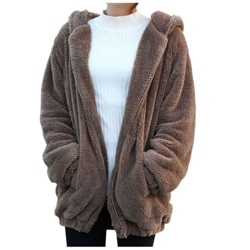 2019 Women Hoodies Zipper Girl Winter Loose Fluffy Bear Ear Hoodie Hooded Jacket Warm Outerwear Coat cute sweatshirt