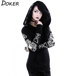 5XL Gothic Punk Print Hoodies Sweatshirts Women Long Sleeve Black Jacket Zipper Coat Autumn Winter Female Casual Hooded Tops