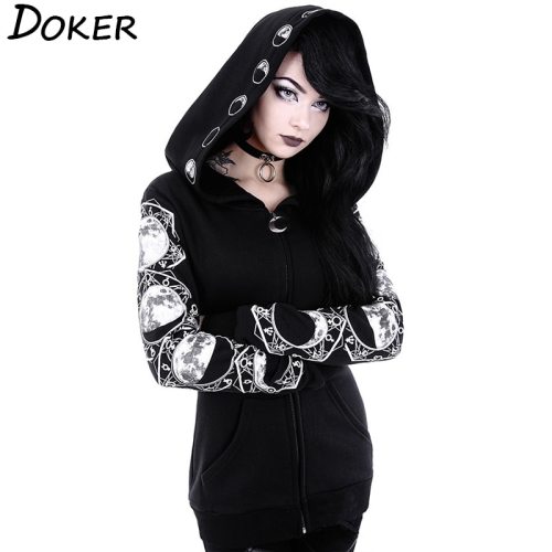 5XL Gothic Punk Women Print Long Sleeve Hoodies Sweatshirts Casual Zipper Jacket Hooded Tops Female Autumn Winter Black Hoodies.