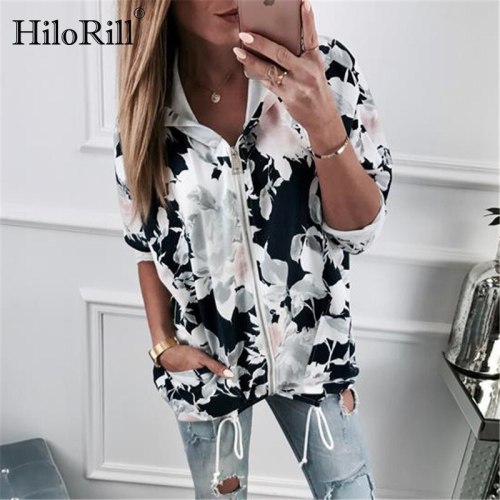 Female Sweatshirts 2019 Autumn Winter Fashion Floral Print Womens Hoodie Long Sleeve Zipper Hooded Sweatshirt Casual Outerwear