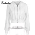 Fitshinling Zip-up autumn winter women hoodies pockets slim crop jacket female clothes drawstring white sexy hoody cotton coats