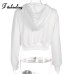 Fitshinling Zip-up autumn winter women hoodies pockets slim crop jacket female clothes drawstring white sexy hoody cotton coats