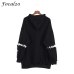 Focal20 Harajuku Pentagram Print Lace Up Women Fleeces Hoodies Gothic Punk Oversize Velvet Hooded Sweatshirt Pullover Streetwear