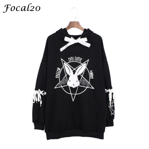 Focal20 Harajuku Pentagram Print Lace Up Women Fleeces Hoodies Gothic Punk Oversize Velvet Hooded Sweatshirt Pullover Streetwear