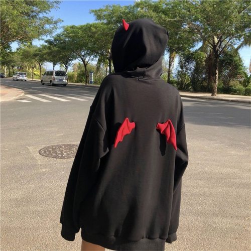 Harajuku Devil Wing Hooded Women Fleece Sweatshirt Casual Loose Long Sleeve Hoodies Sweatshirt Female Autumn Warm Pullover Tops