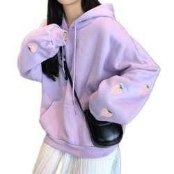 Harajuku Strawberry Embroidery Lavender White Sweatshirt Spring Autumn Women Kawaii Loose Long Sleeves Tops Oversized Hoodies