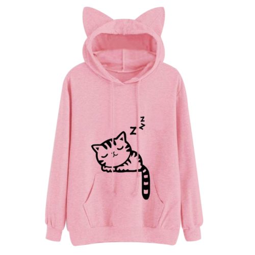 Harajuku Women Hoodies Sweatshirt Kawaii Pink Winter Cat Pattern Long Sleeve Moletom Hooded Sweatshirts Ear Hooed Mujer 2017