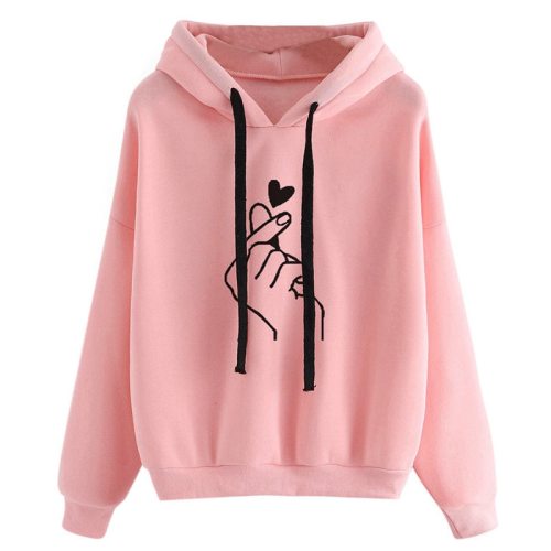 Harajuku Women's Sweatshirt and Hoody Ladies Oversize K Pop Yellow Pink Love Heart Finger  Hood Casual Hoodies for Women Girls