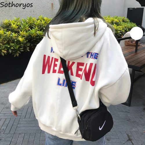 Hoodies Women Letter Printed Loose Hooded Trendy Pockets Plus Velvet Sweatshirts Womens Korean Style Harajuku All-match Chic