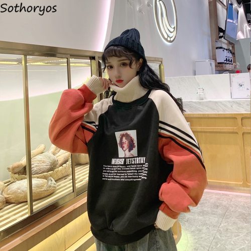 Hoodies Women Turtleneck Thicker Plus Velvet Warm Harajuku Printed Pullovers Womens Oversize Patchwork Leisure Chic Sweatshirts