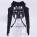 InstaHot Black Cold Shoulder Hooded Hoodies Women Gothic Sexy Autumn Long Sleeve Crop Tops Lady Cool Chain Fashion Clothes Loose