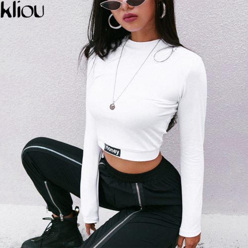 Kliou 2018 Autumn Women New Fashion Solid White Letter Print Full Sleeve Sweatshirts Women Street O-Neck Short Crop tops tees