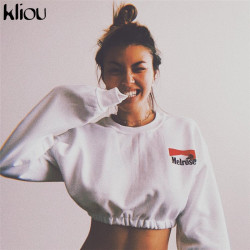 Kliou 2018 autumn women fashion white short 100% cotton sweatshirts full sleeve o-neck letter print female workout tops clothing