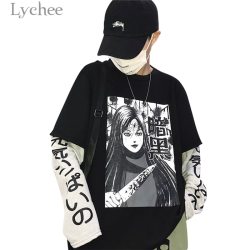 Lychee Harajuku Japanese Anime Print Women Sweatshirt Fake 2 Pieces O-Neck Long Sleeve Casual Loose Female Sweatshirt Streetwear