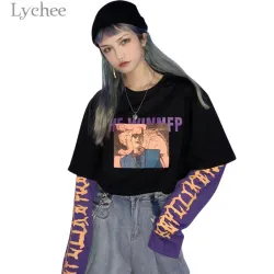 Lychee Vintage Fake 2 Pieces Character Letter Women Sweatshirt Hit Color O-Neck Long Sleeve Autumn Casual Loose Female Pullovers
