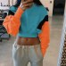 NCLAGEN Fashion Women Spring Autumn Cute Pinkycolor Orange Hoodies Long Sleeve Loose Crop Top Sweatshirt Casual Patchwork Cloth