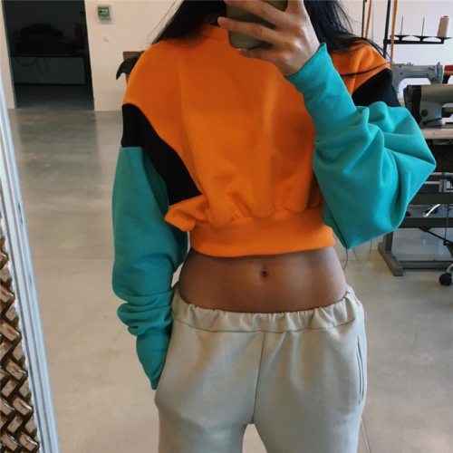 NCLAGEN Fashion Women Spring Autumn Cute Pinkycolor Orange Hoodies Long Sleeve Loose Crop Top Sweatshirt Casual Patchwork Cloth