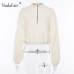 Nadafair Long Sleeve White Cropped Hoodie Women Autumn Winter Pullover Short Sweatshirt Plush Zipper Faux Fur Fluffly Sweatshirt