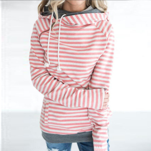 New Autumn Winter Casual Women Patchwork Striped Pullover Warm Long Sleeve Hoody Tops With Pockets Double Hood Hooded Sweatshirt